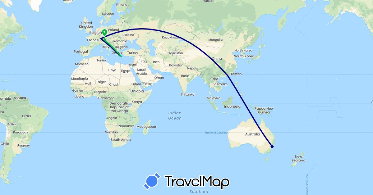 TravelMap itinerary: driving, bus, boat in Austria, Australia, Switzerland, China, Germany, Greece, Italy (Asia, Europe, Oceania)